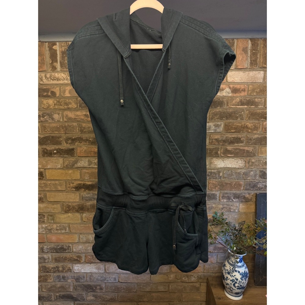 SOLD

 Black Sleeveless Hooded Romper Crossover Front Sweatshirt Style Sz